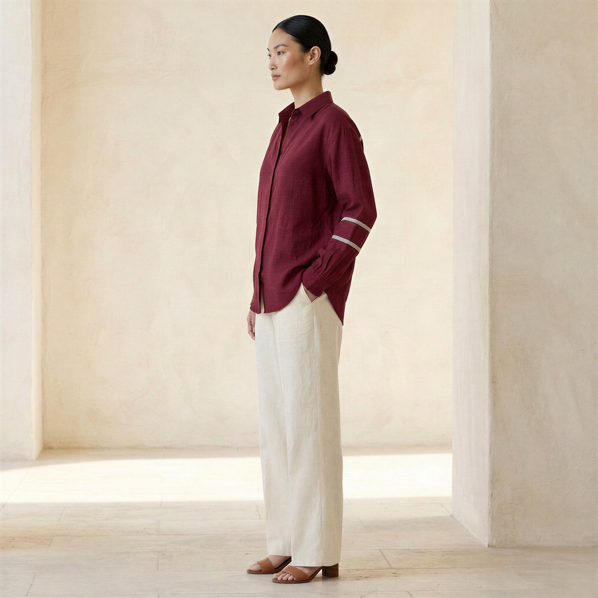 Maroon Handspun Cotton Relaxed Full Sleeve Button-Down Shirt