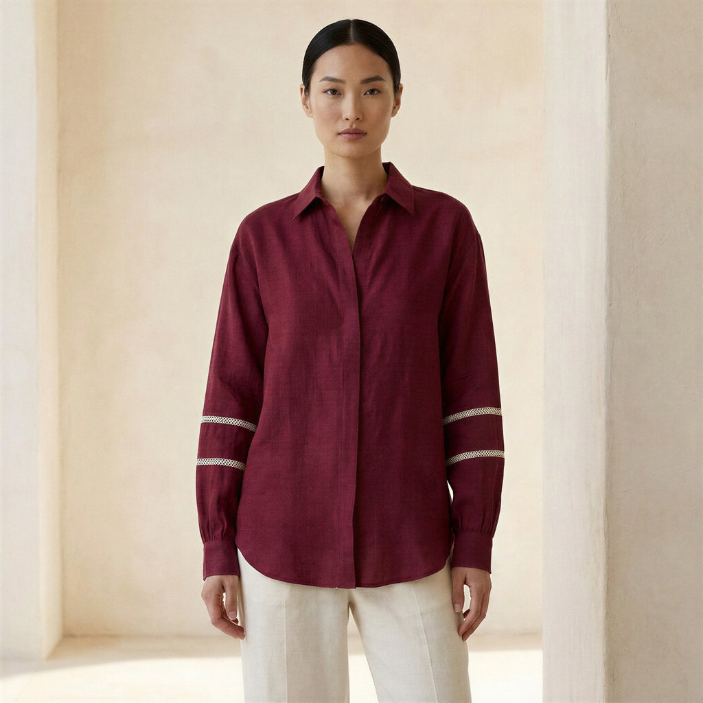 Maroon Handspun Cotton Relaxed Full Sleeve Button-Down Shirt