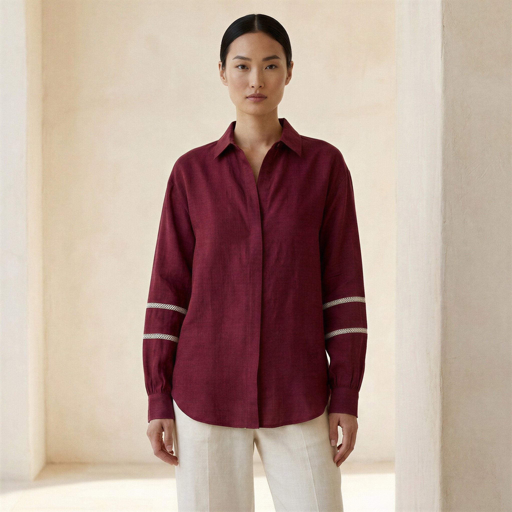 Maroon Handspun Cotton Relaxed Full Sleeve Button-Down Shirt