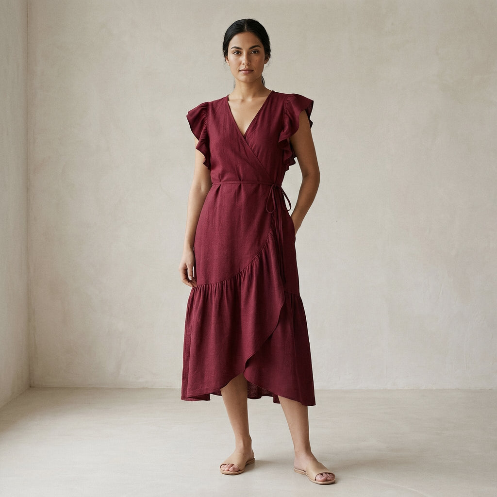 Maroon Handspun Cotton Ruffle Midi Wrap Dress