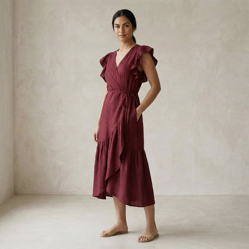 Maroon Handspun Cotton Ruffle Midi Wrap Dress
