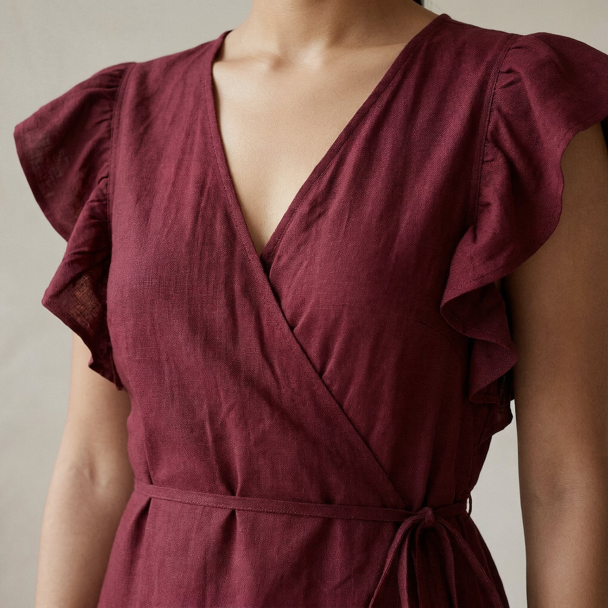 Maroon Handspun Cotton Ruffle Midi Wrap Dress