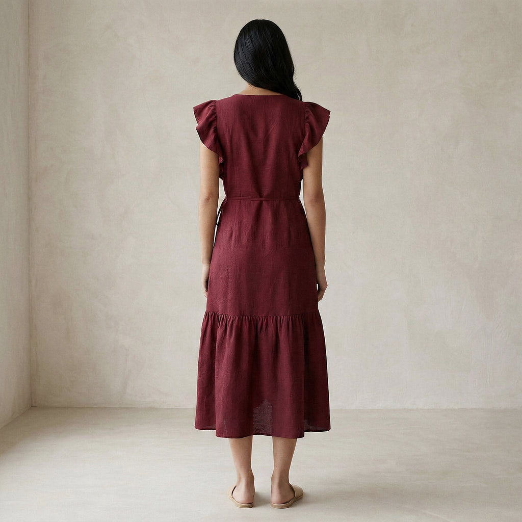 Maroon Handspun Cotton Ruffle Midi Wrap Dress