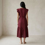 Maroon Handspun Cotton Ruffle Midi Wrap Dress