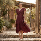 Maroon Handspun Cotton Ruffle Midi Wrap Dress