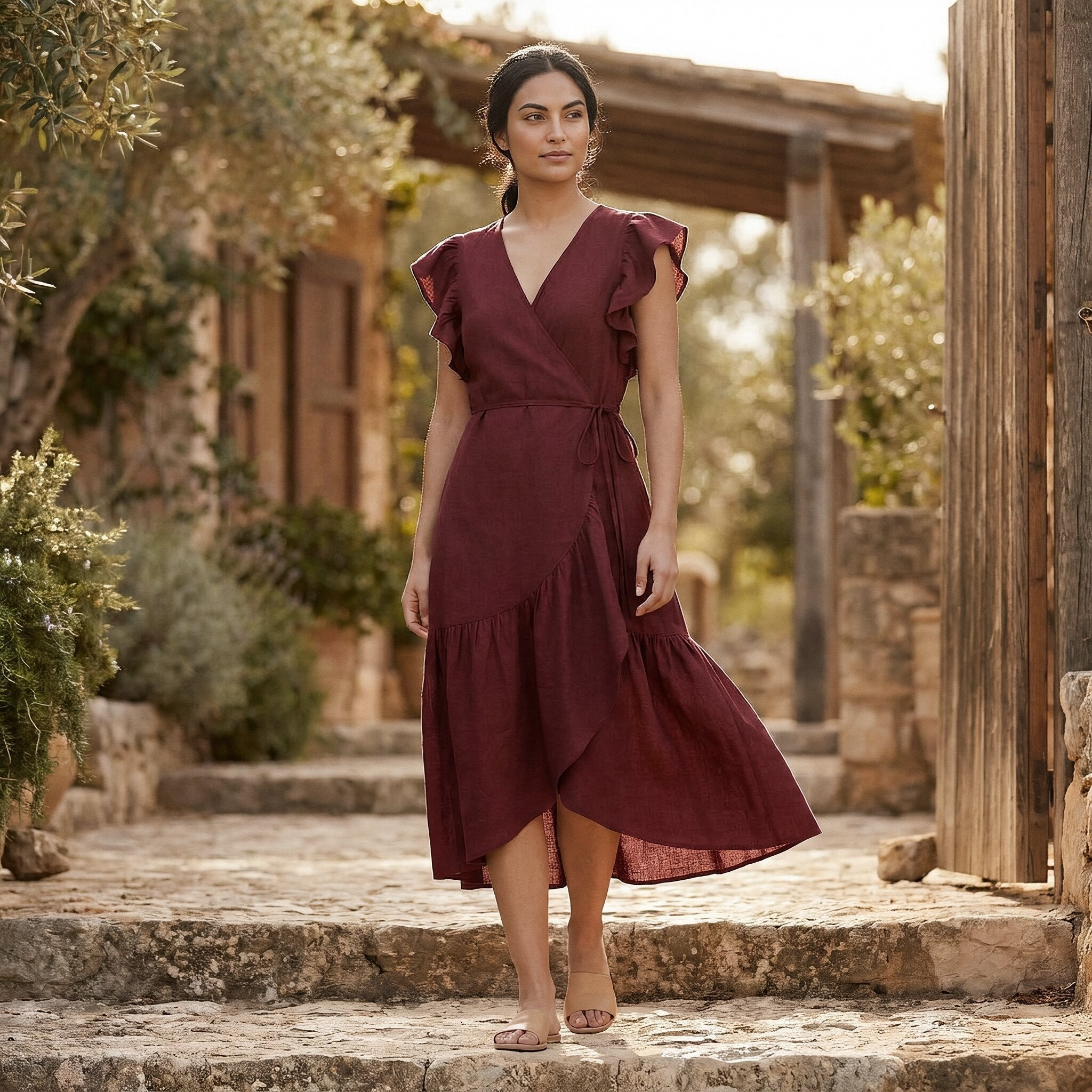 Maroon Handspun Cotton Ruffle Midi Wrap Dress