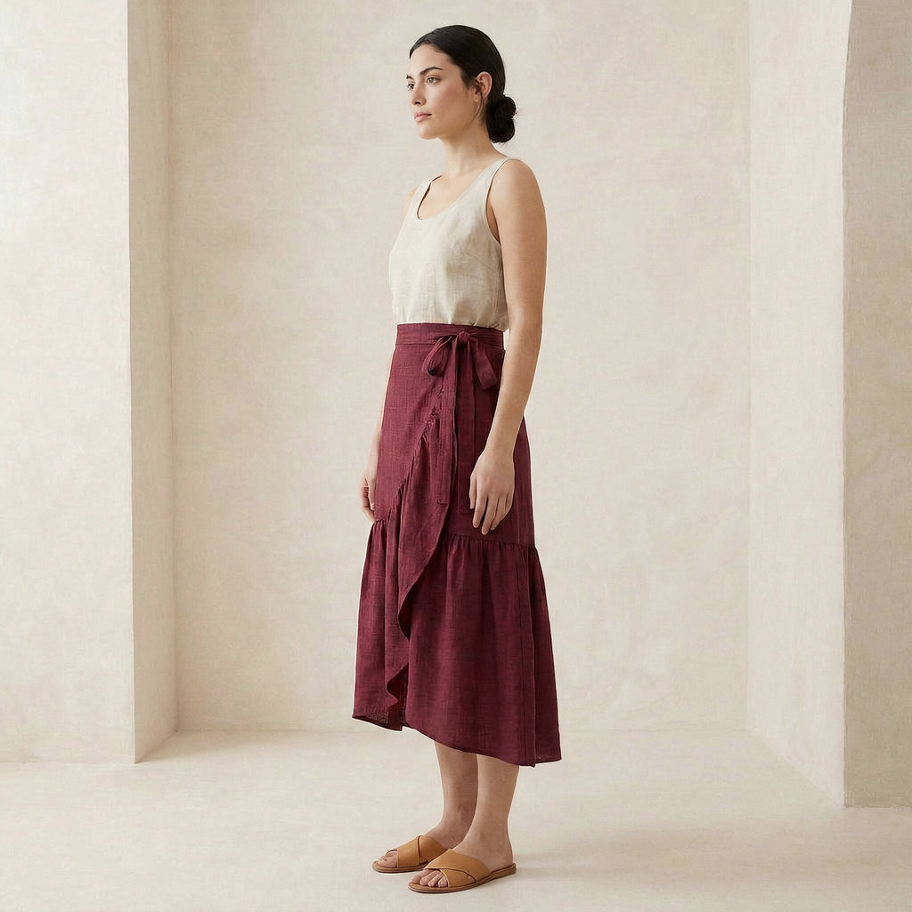 Maroon Handspun Cotton Ruffle Midi Wrap Skirt