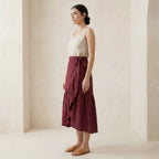 Maroon Handspun Cotton Ruffle Midi Wrap Skirt