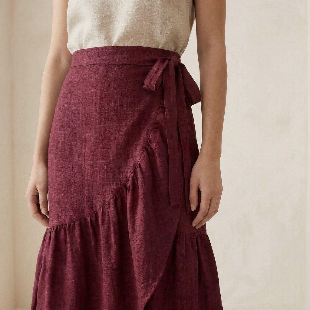 Maroon Handspun Cotton Ruffle Midi Wrap Skirt