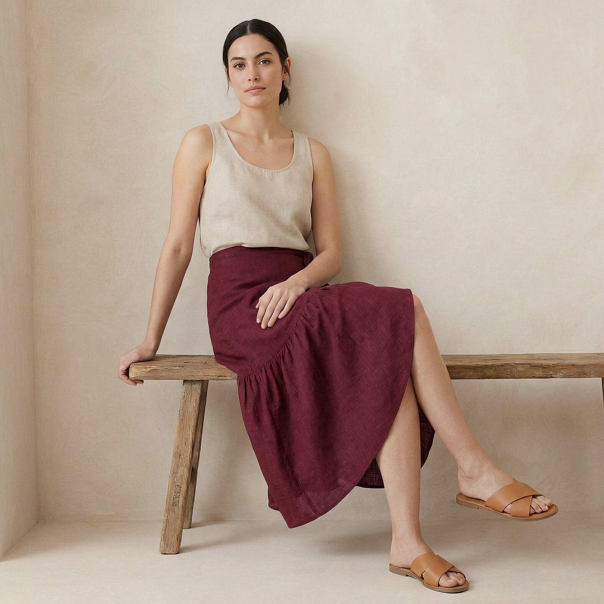 Maroon Handspun Cotton Ruffle Midi Wrap Skirt