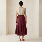 Maroon Handspun Cotton Ruffle Midi Wrap Skirt