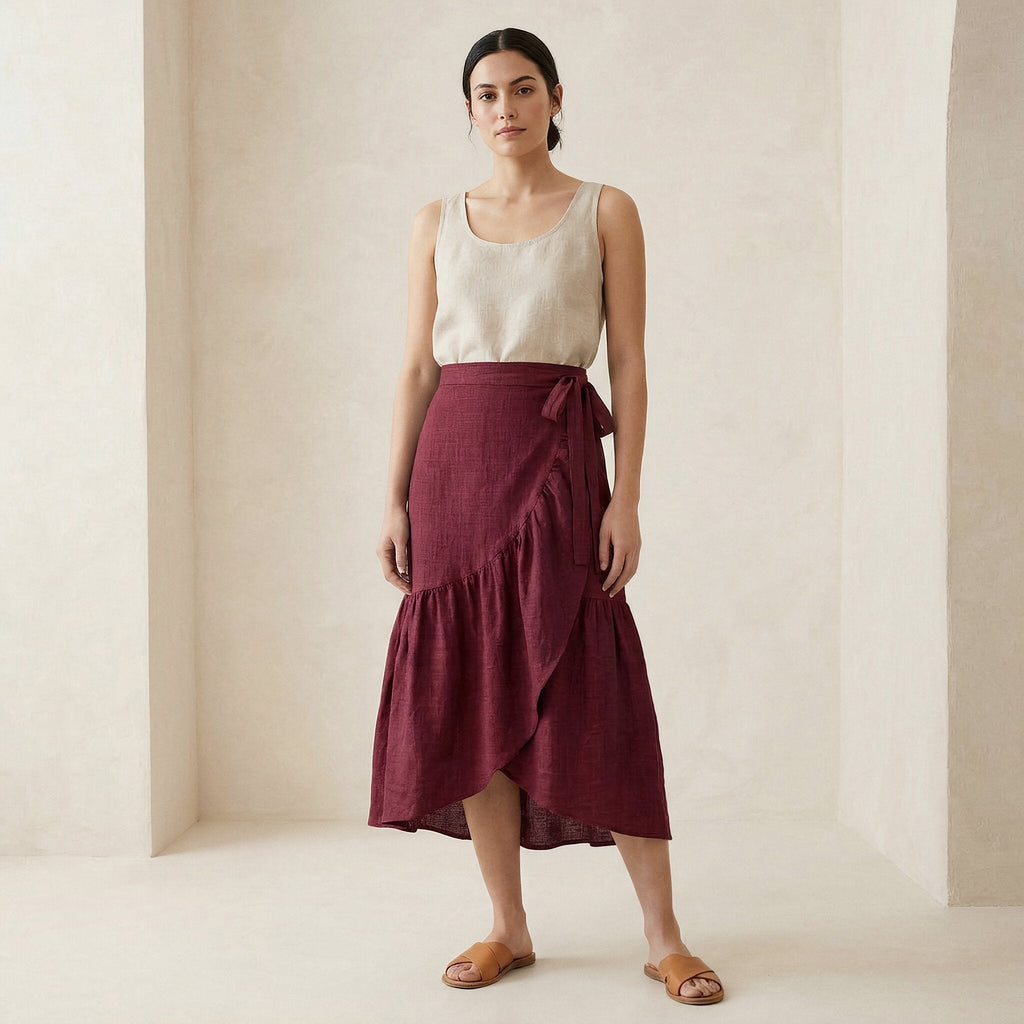 Maroon Handspun Cotton Ruffle Midi Wrap Skirt