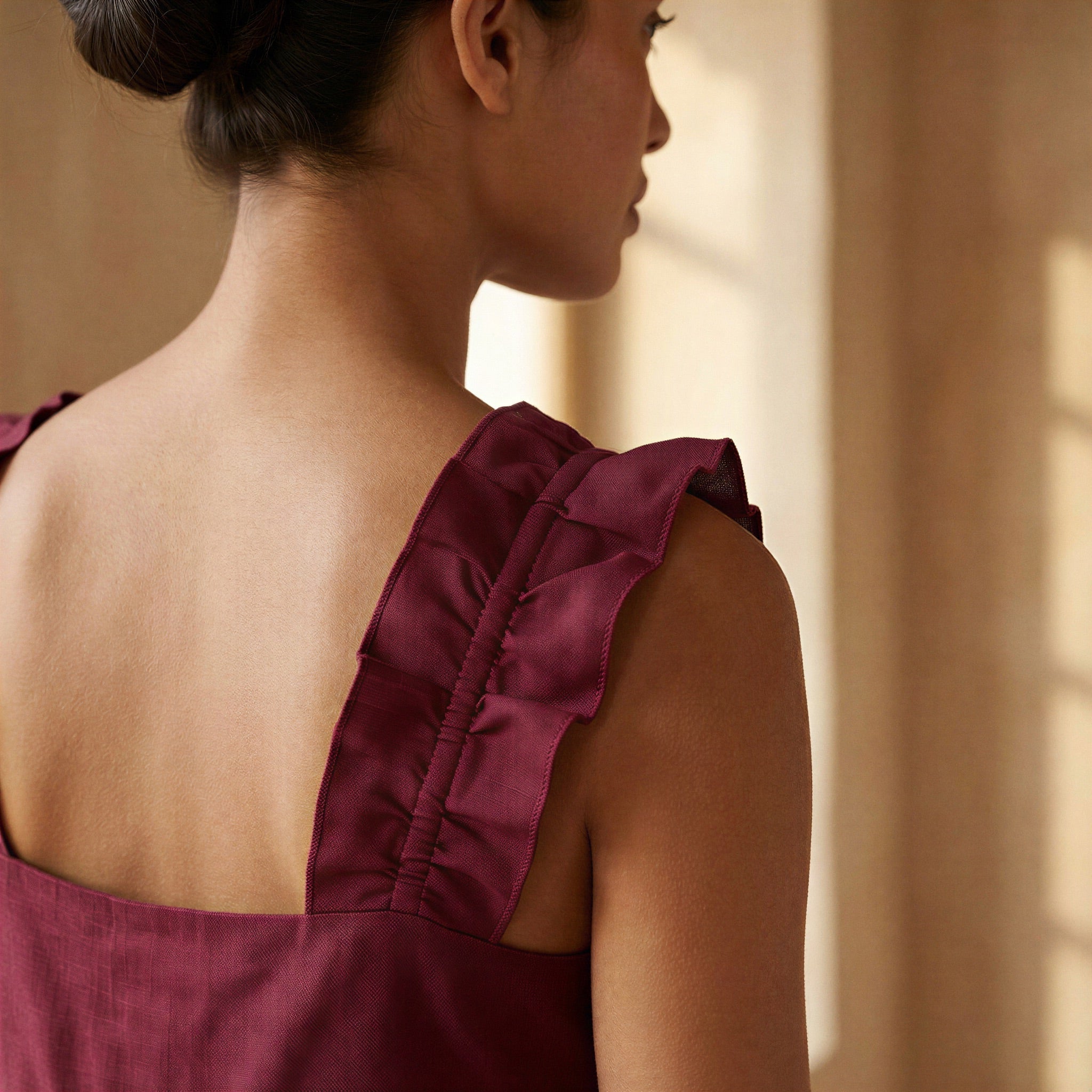 Maroon Handspun Cotton Ruffle-Strap Square Neck Peplum Top