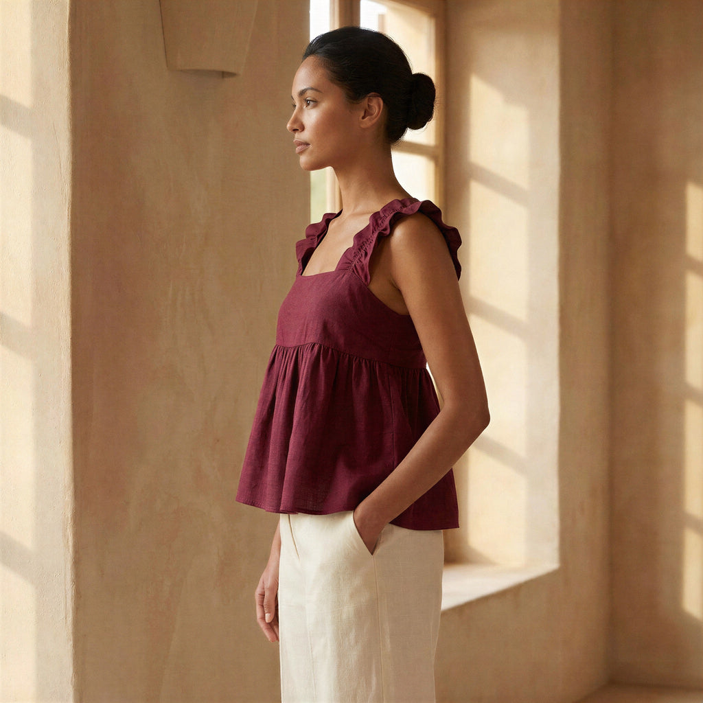 Maroon Handspun Cotton Ruffle-Strap Square Neck Peplum Top