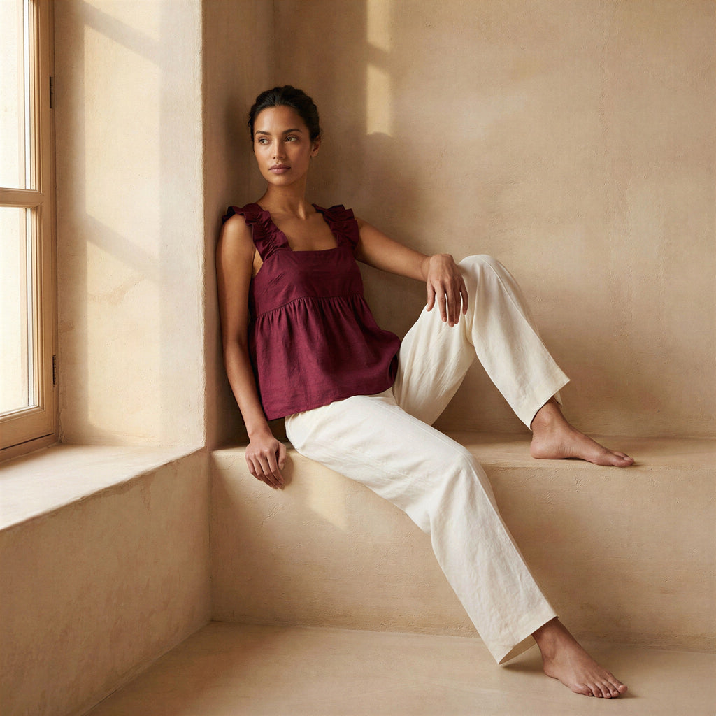 Maroon Handspun Cotton Ruffle-Strap Square Neck Peplum Top