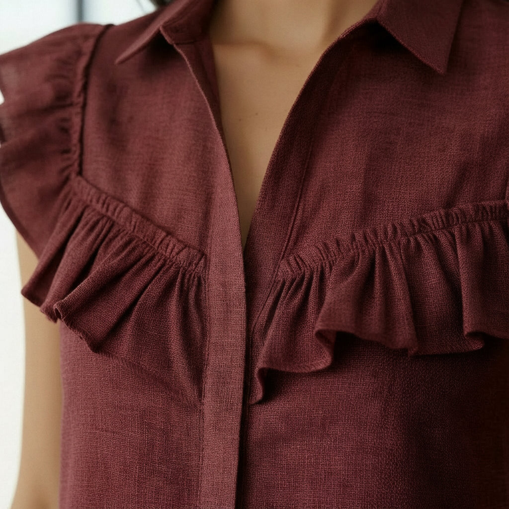 Maroon Handspun Cotton Ruffled Mini Shirt Dress