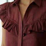 Maroon Handspun Cotton Ruffled Mini Shirt Dress