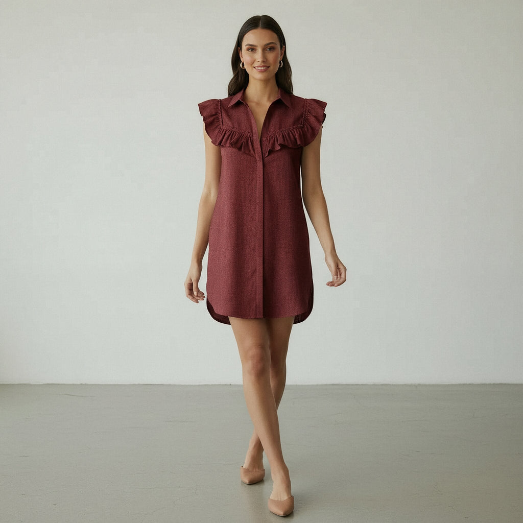 Maroon Handspun Cotton Ruffled Mini Shirt Dress