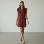 Maroon Handspun Cotton Ruffled Mini Shirt Dress