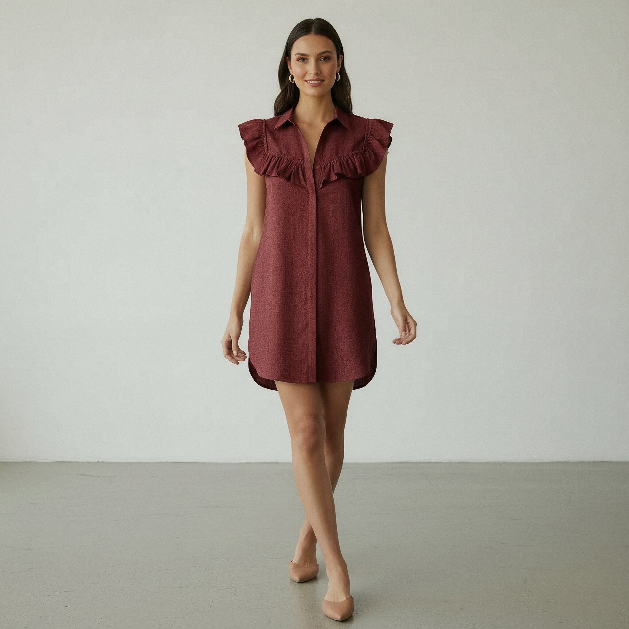 Maroon Handspun Cotton Ruffled Mini Shirt Dress