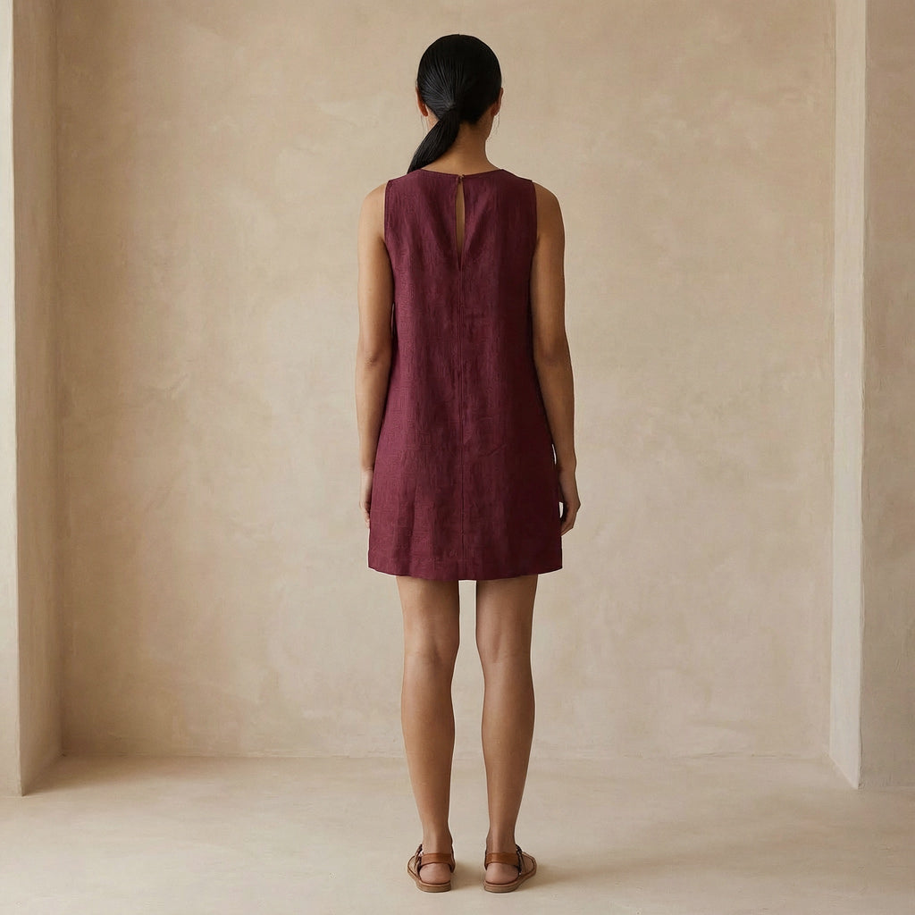Maroon Handspun Cotton Sleeveless A-Line Short Shift Dress