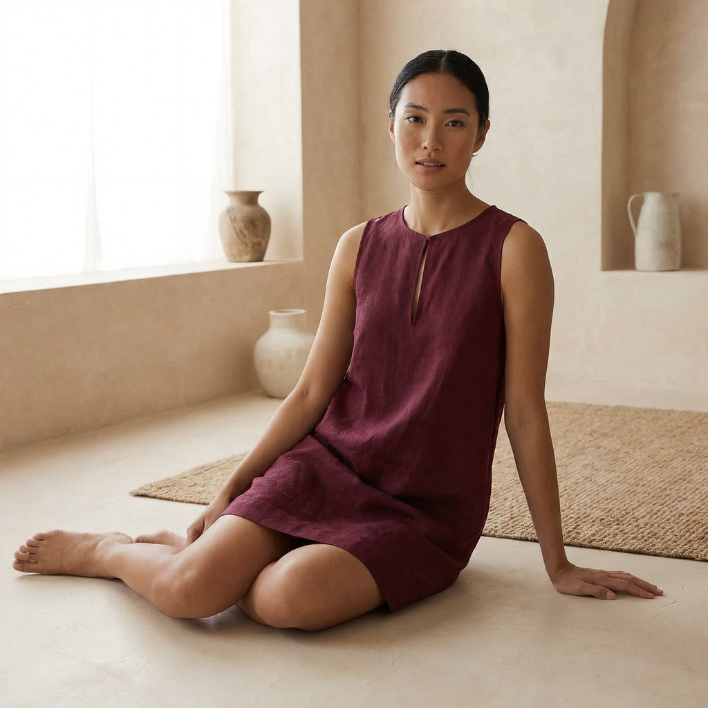 Maroon Handspun Cotton Sleeveless A-Line Short Shift Dress
