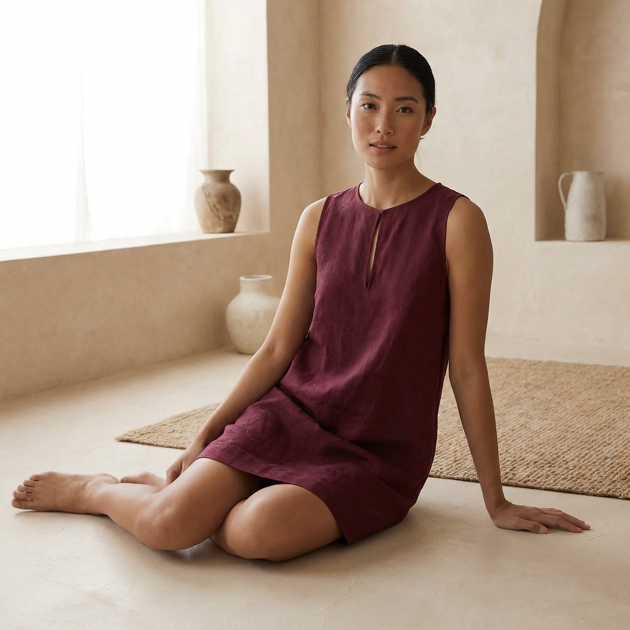 Maroon Handspun Cotton Sleeveless A-Line Short Shift Dress