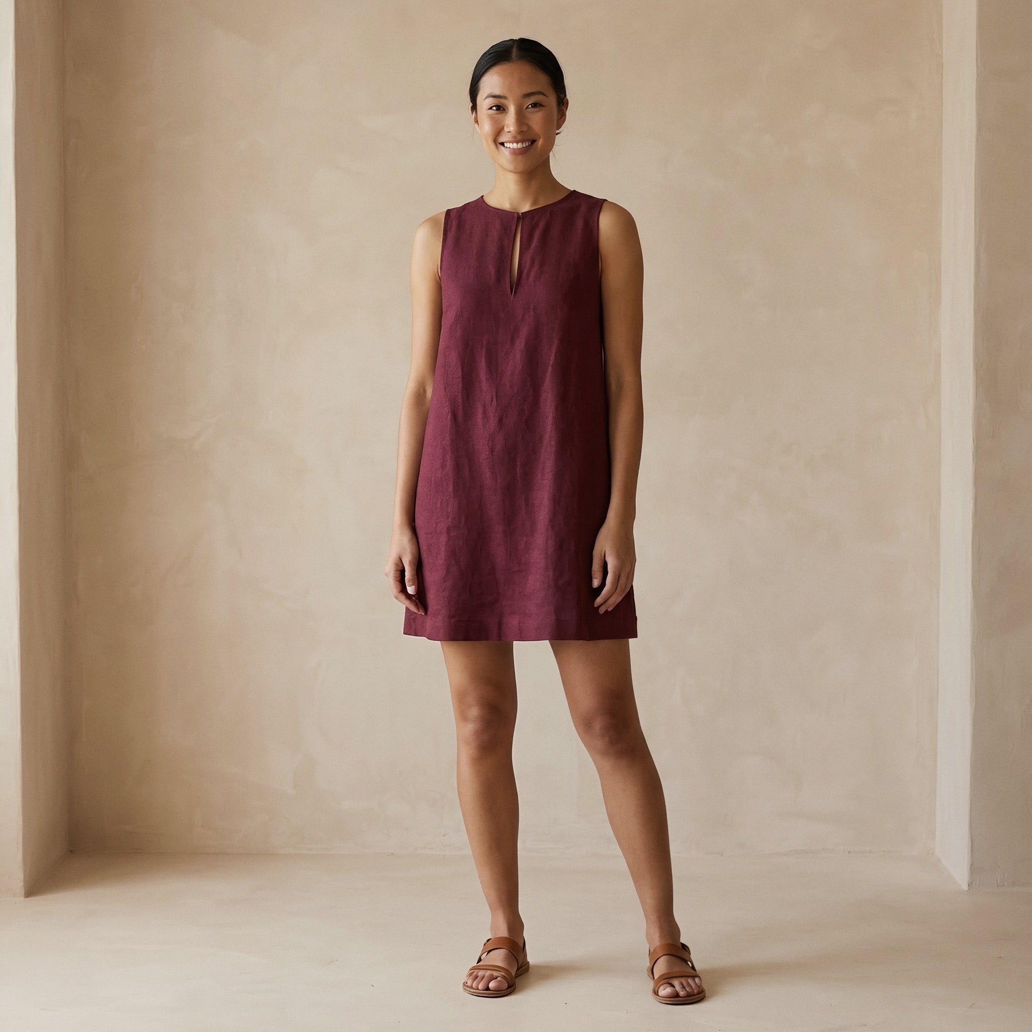 Maroon Handspun Cotton Sleeveless A-Line Short Shift Dress