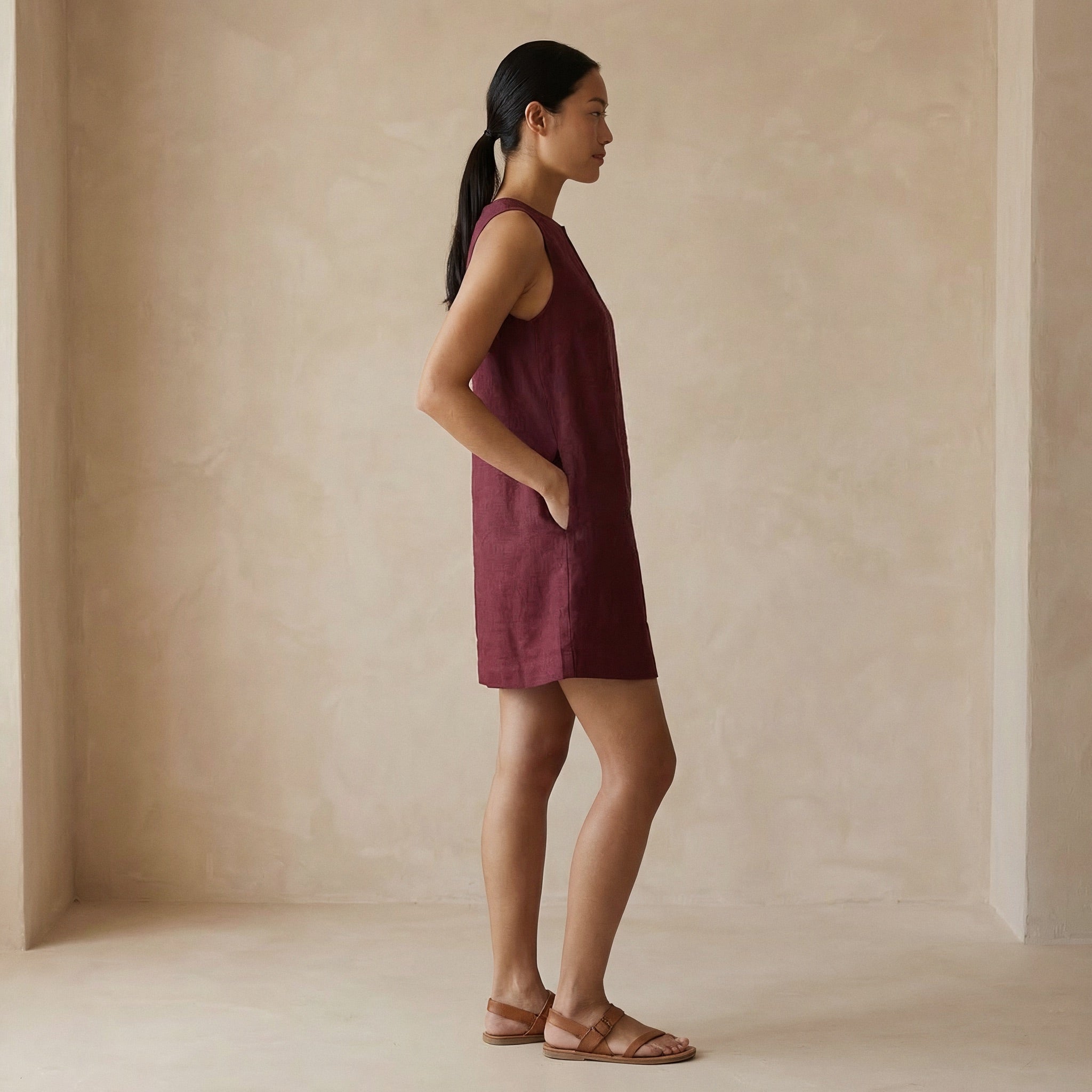 Maroon Handspun Cotton Sleeveless A-Line Short Shift Dress