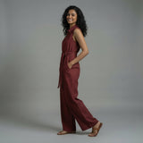 Maroon Handspun Cotton Sleeveless Front Zipper Safari Jumpsuit