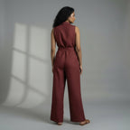 Maroon Handspun Cotton Sleeveless Front Zipper Safari Jumpsuit
