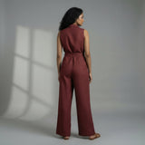 Maroon Handspun Cotton Sleeveless Front Zipper Safari Jumpsuit