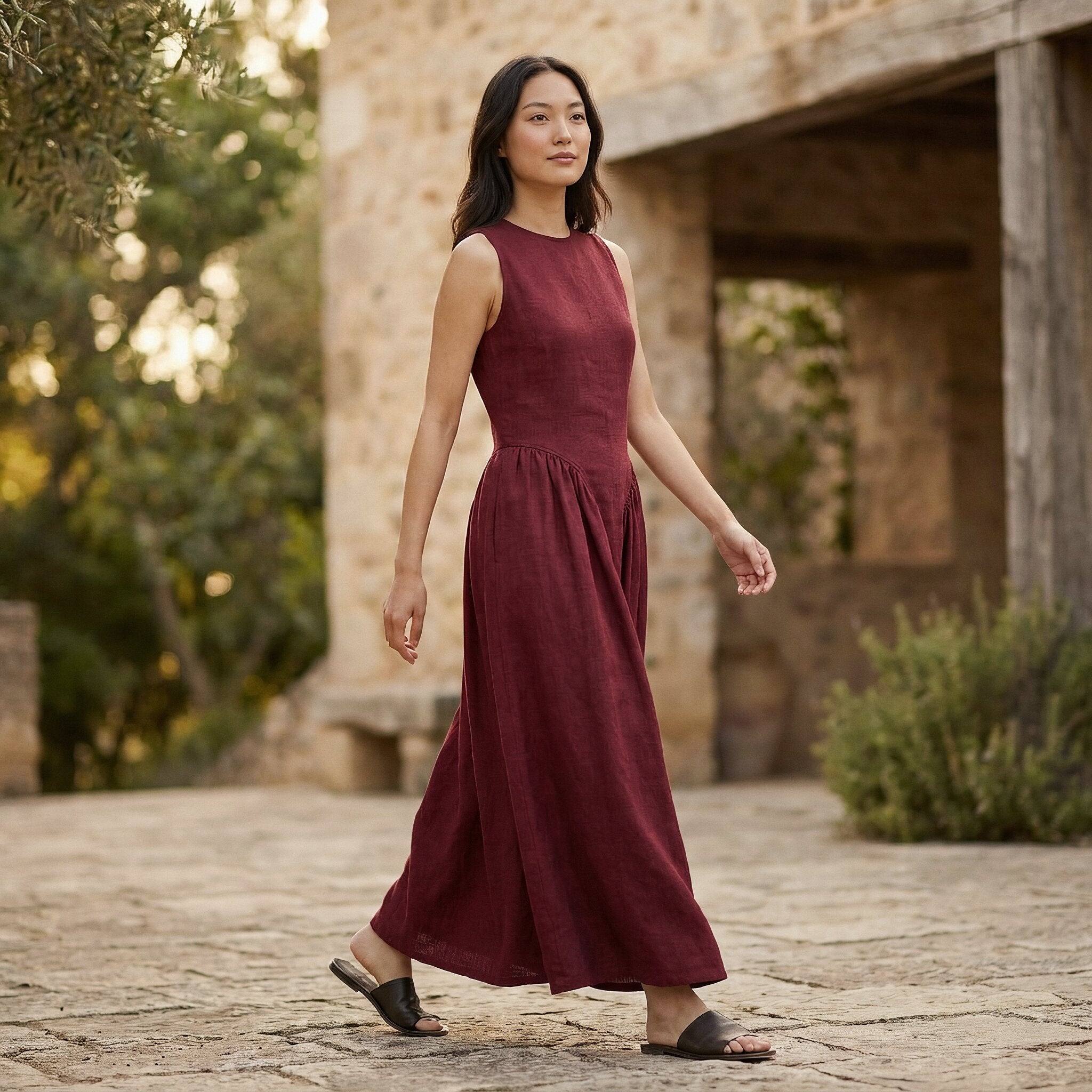 Maroon Handspun Cotton Sleeveless Paneled Maxi Dress