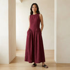 Maroon Handspun Cotton Sleeveless Paneled Maxi Dress