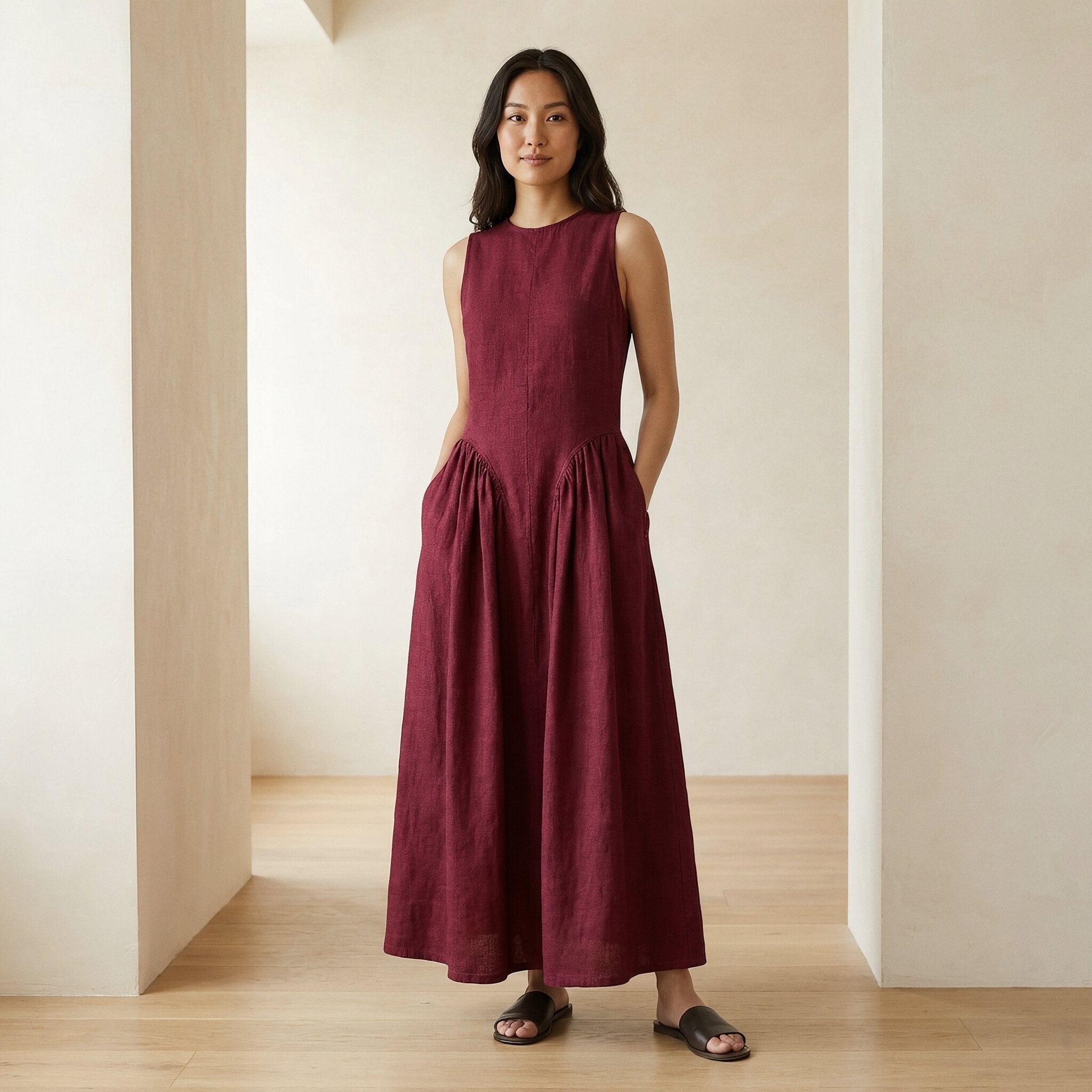 Maroon Handspun Cotton Sleeveless Paneled Maxi Dress