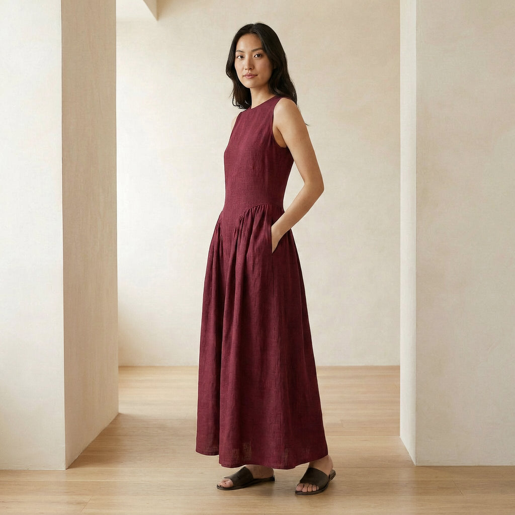 Maroon Handspun Cotton Sleeveless Paneled Maxi Dress