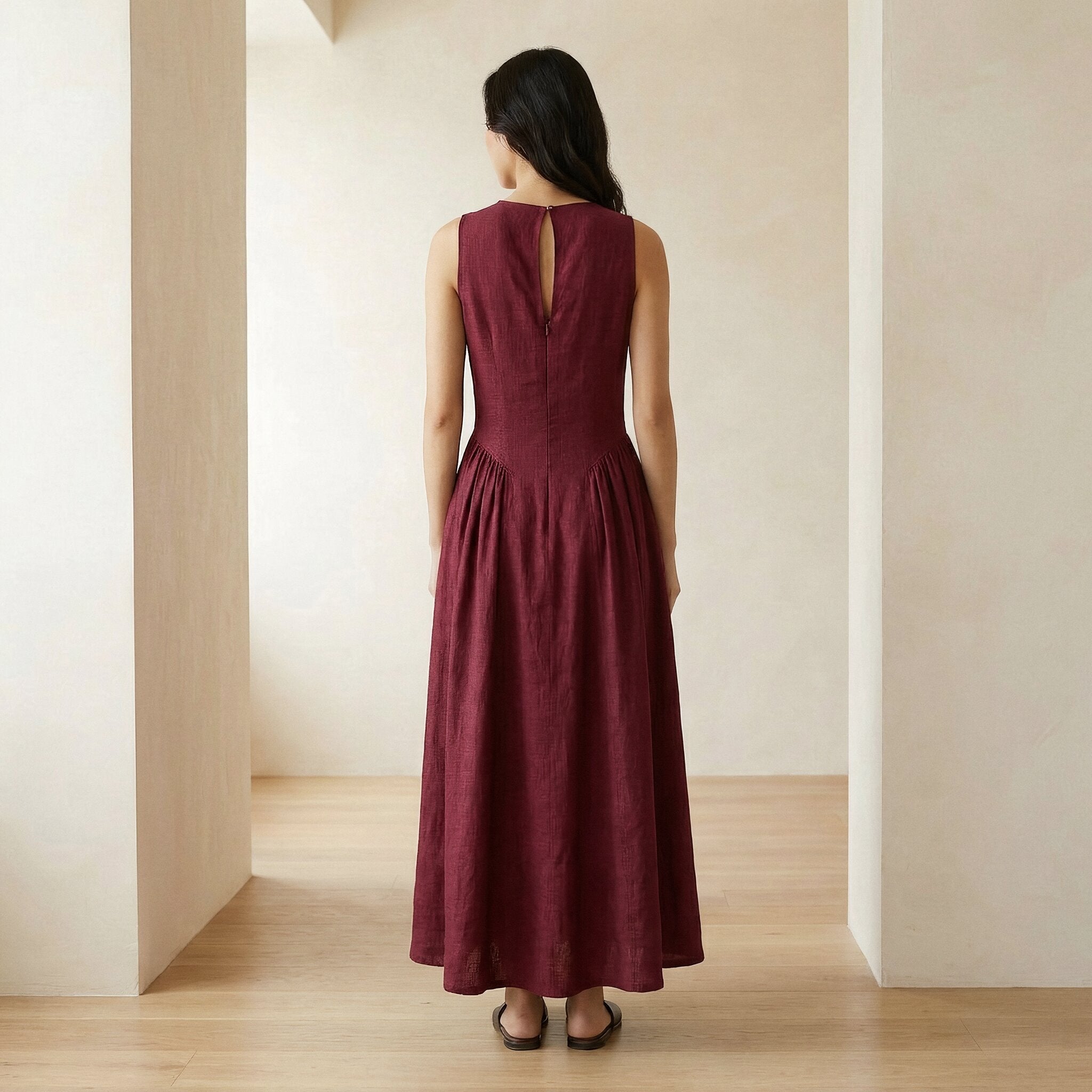 Maroon Handspun Cotton Sleeveless Paneled Maxi Dress