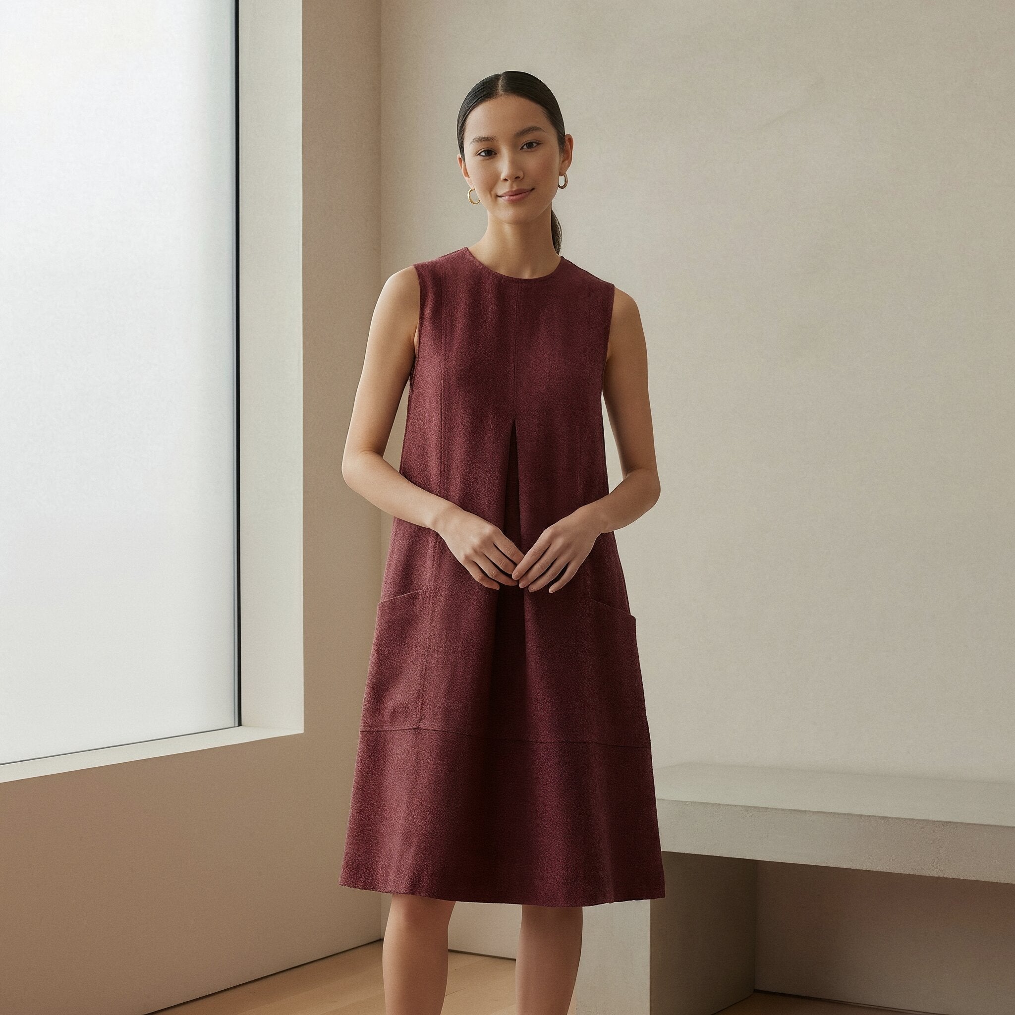 Maroon Handspun Cotton Sleeveless Paneled Swing Dress