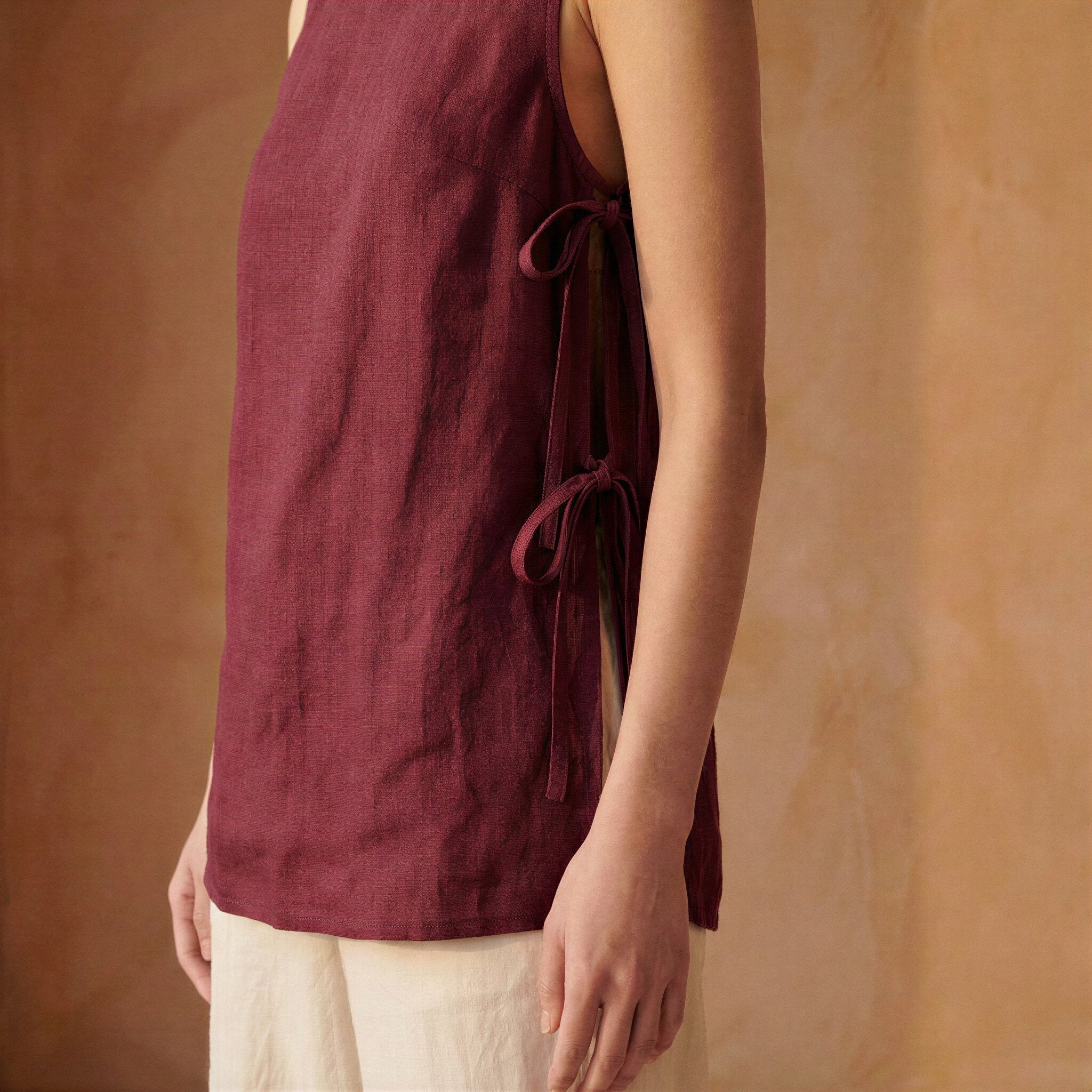 Maroon Handspun Cotton Sleeveless Side-Tie Long Top