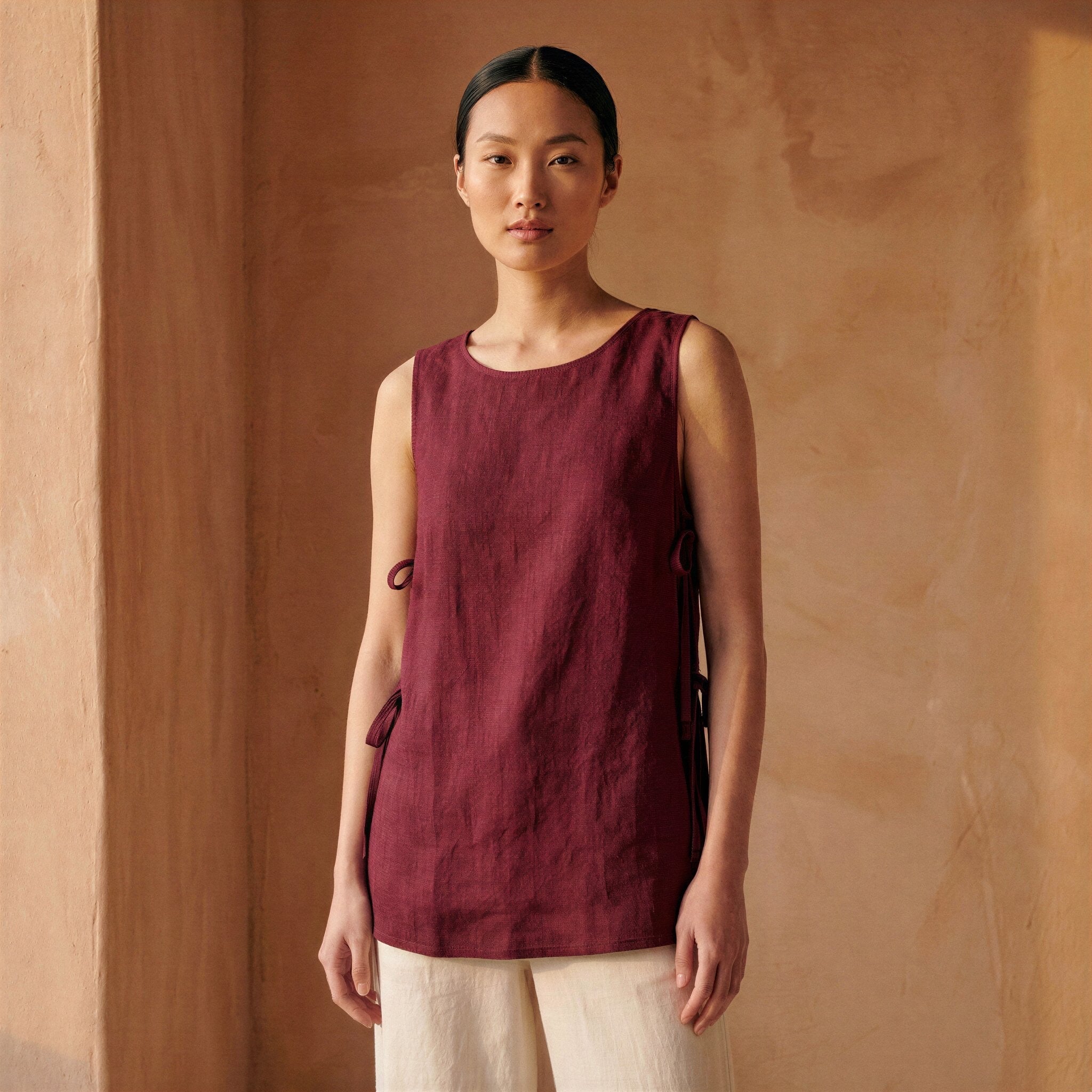 Maroon Handspun Cotton Sleeveless Side-Tie Long Top