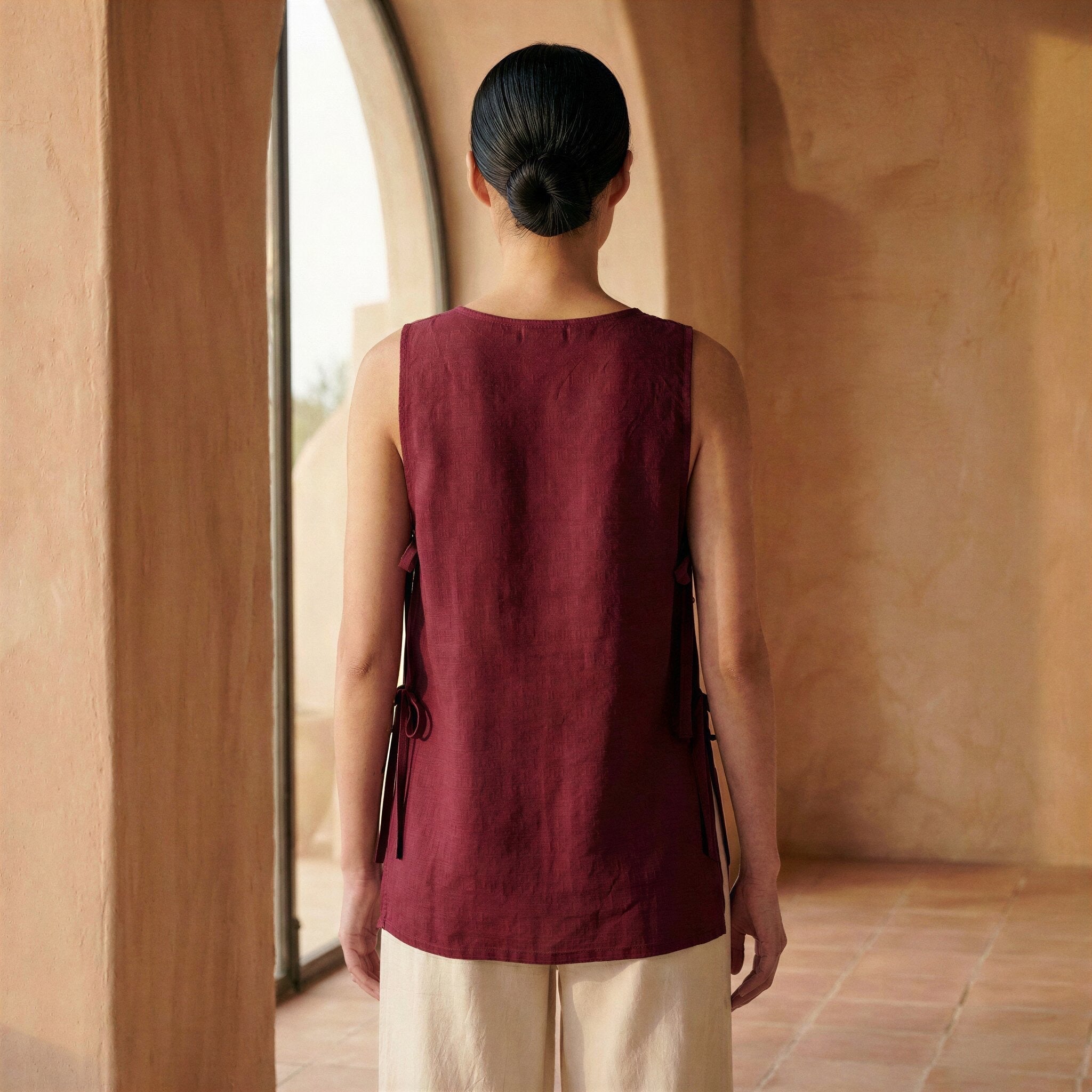 Maroon Handspun Cotton Sleeveless Side-Tie Long Top