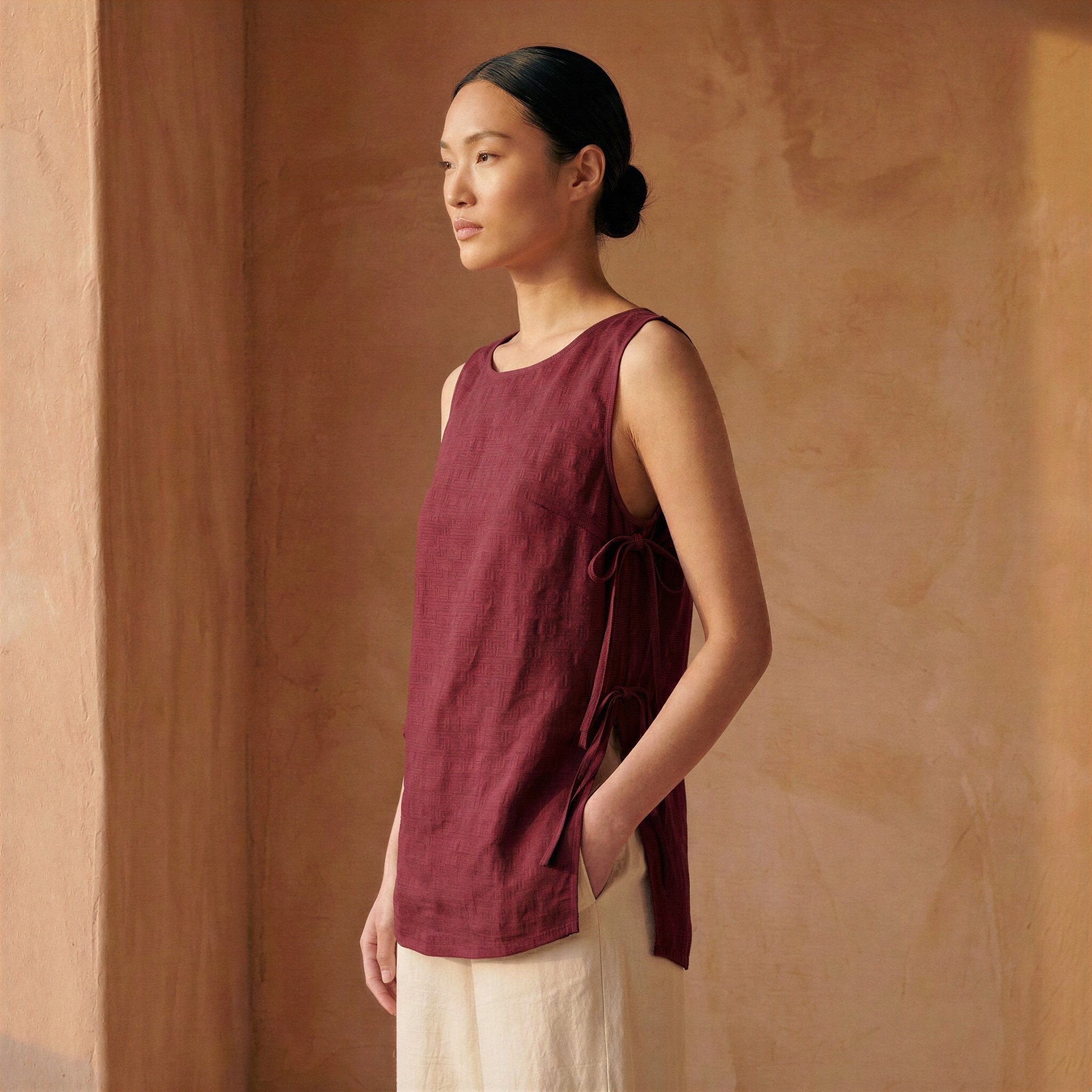 Maroon Handspun Cotton Sleeveless Side-Tie Long Top