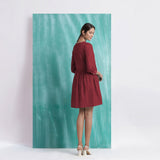 Maroon Handspun Cotton V-Neck Gathered Short Dress