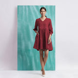Maroon Handspun Cotton V-Neck Gathered Short Dress