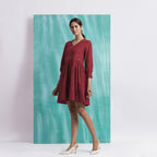 Maroon Handspun Cotton V-Neck Gathered Short Dress