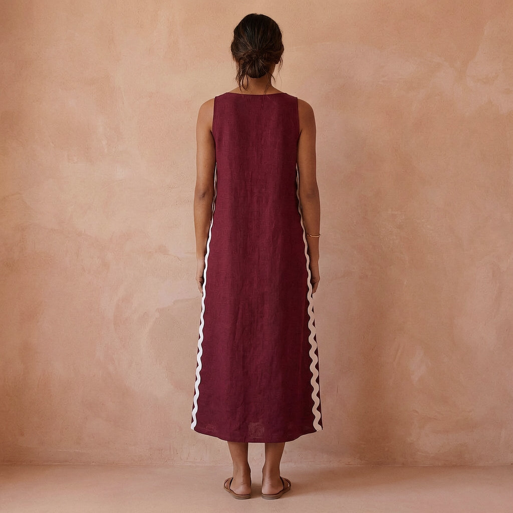 Maroon Handspun Cotton Wavy Stripe Maxi Shift Dress