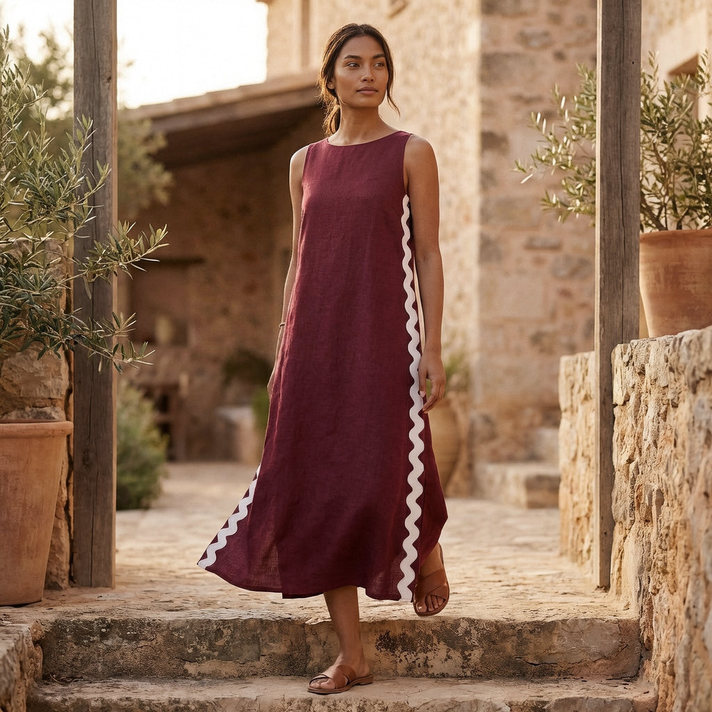 Maroon Handspun Cotton Wavy Stripe Maxi Shift Dress
