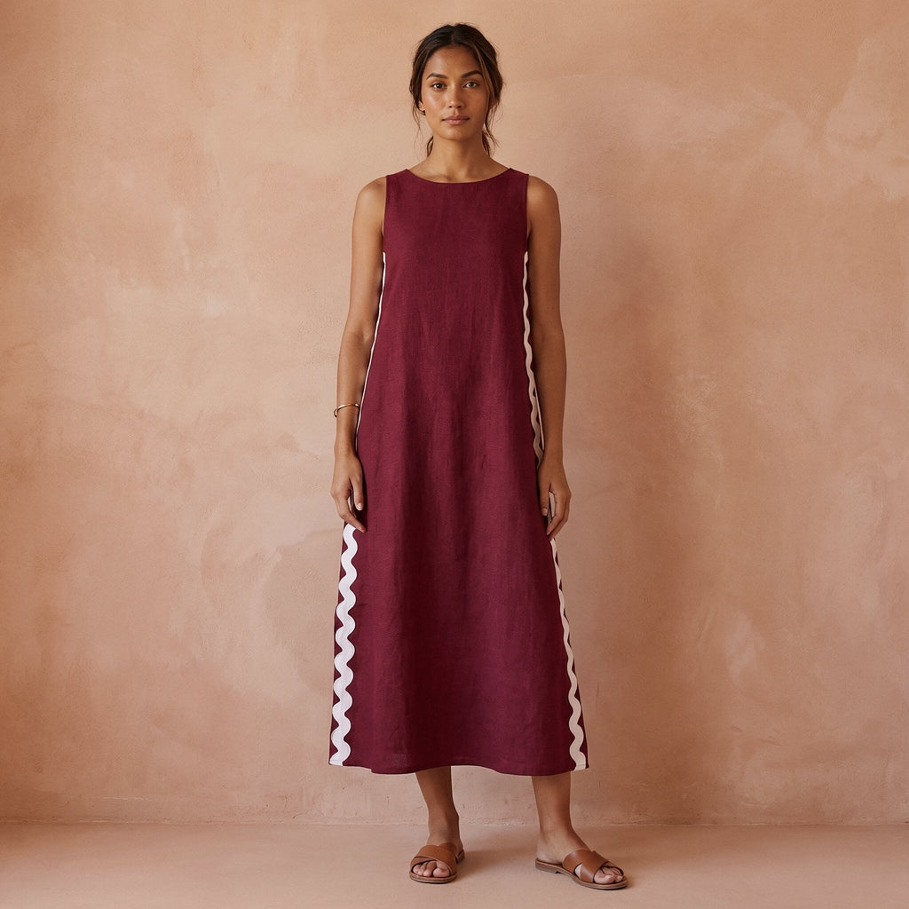 Maroon Handspun Cotton Wavy Stripe Maxi Shift Dress