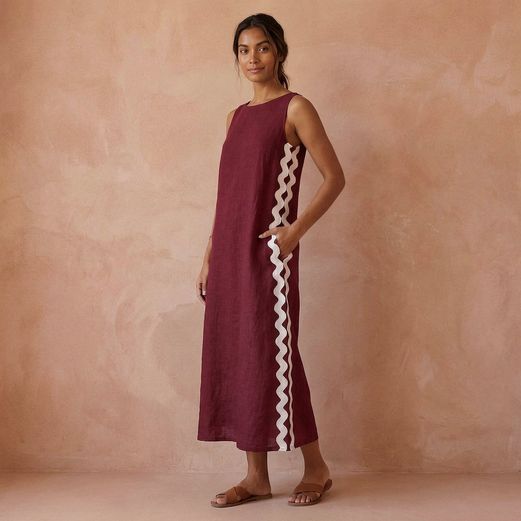 Maroon Handspun Cotton Wavy Stripe Maxi Shift Dress