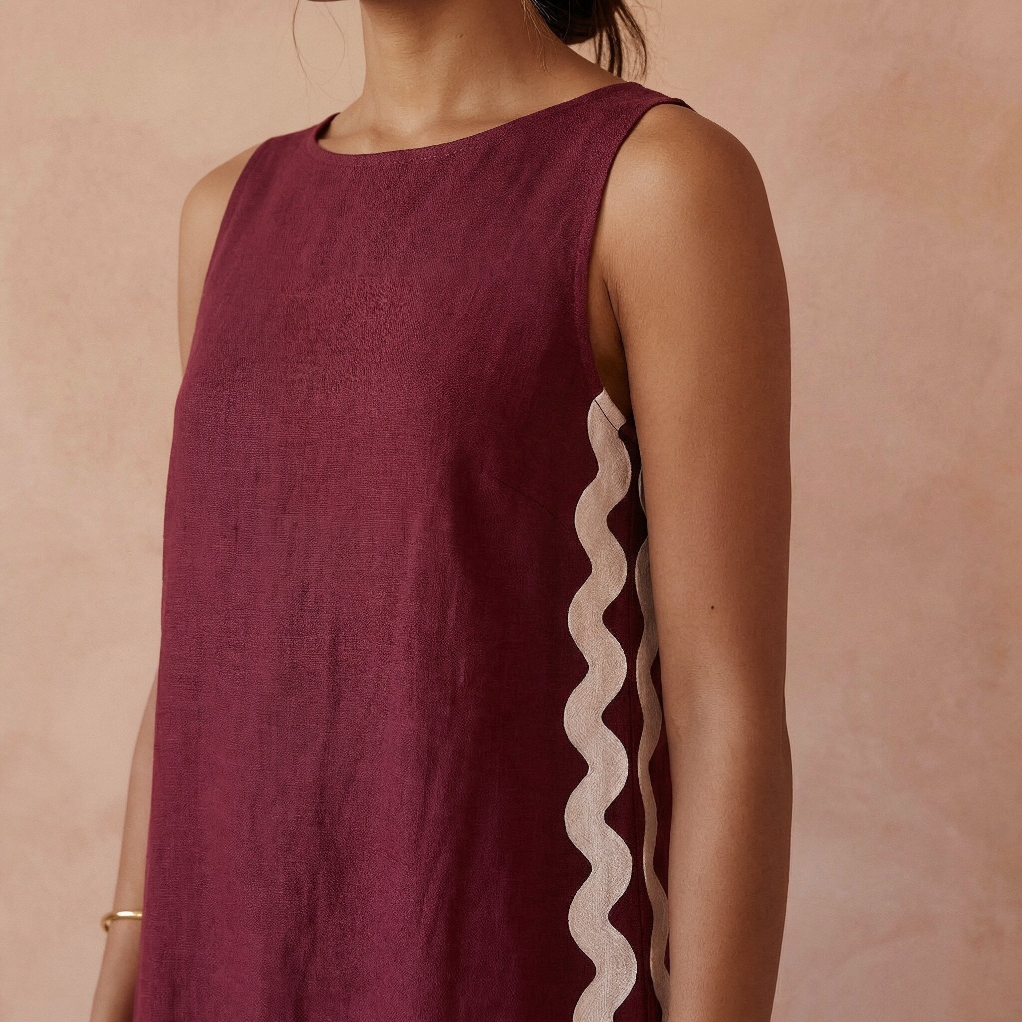 Maroon Handspun Cotton Wavy Stripe Maxi Shift Dress